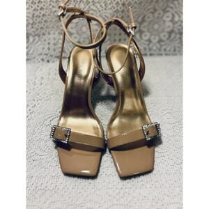 Nine West Tan Sandal Heels W/Rhinestone Buckle, SZ 7 1/2,